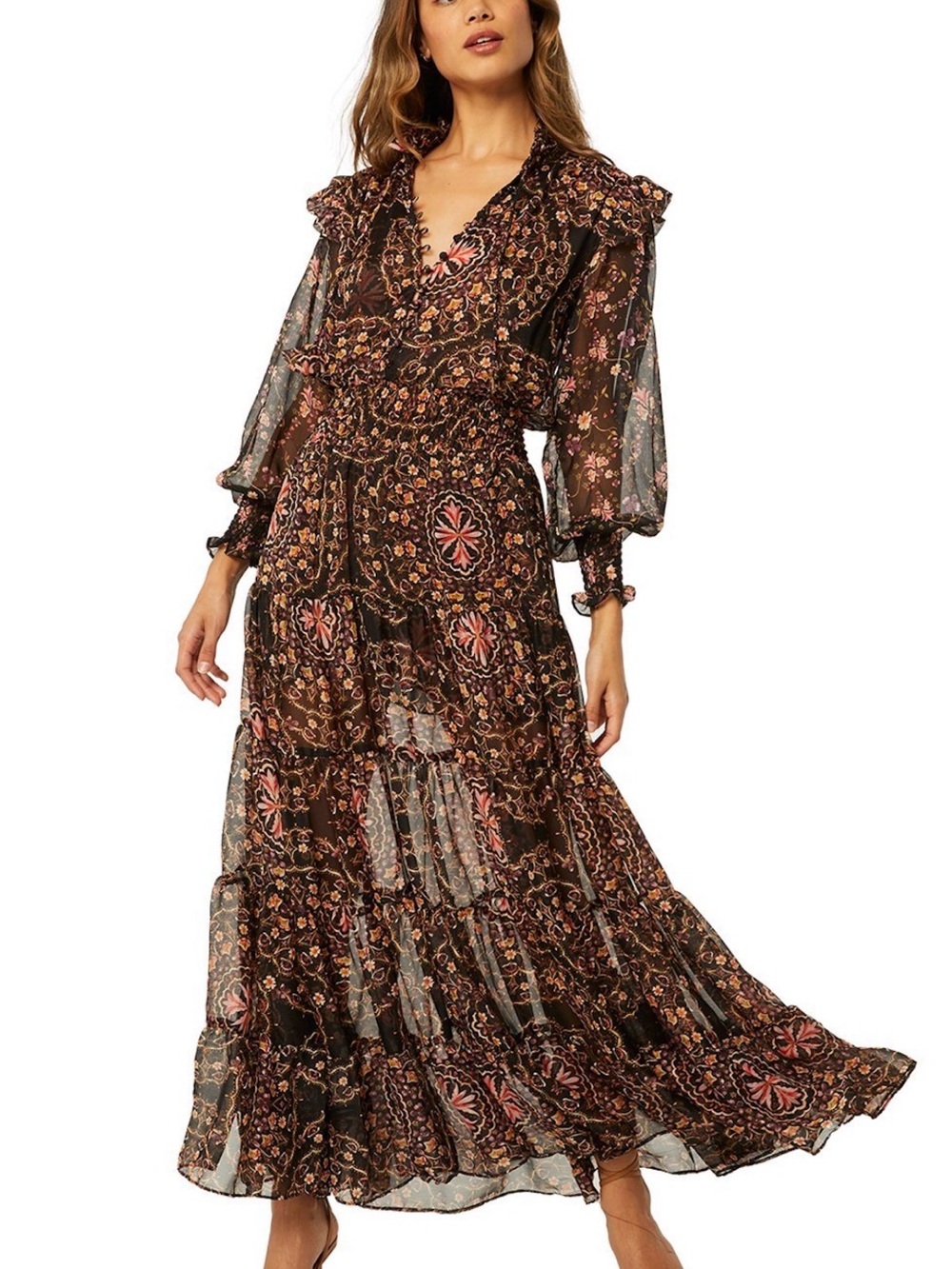 Misa Los Angeles Brown Floral Ruffle Maxi Dress